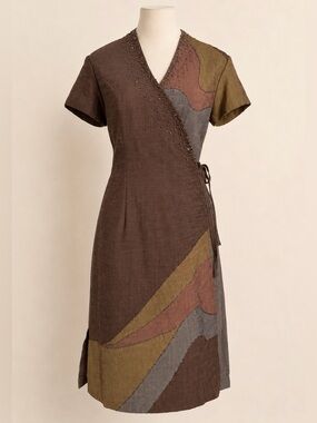 W2 Earth Tone Beaded Wrap Dress M/L | Boho Artisan Patchwork Dress